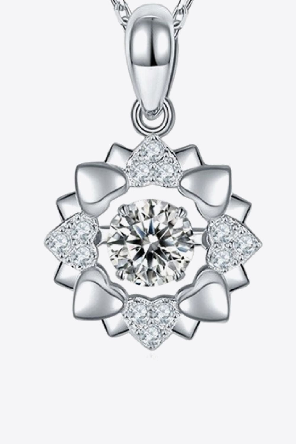 Silver flower-shaped moissanite pendant necklace with halo and sparkle stones