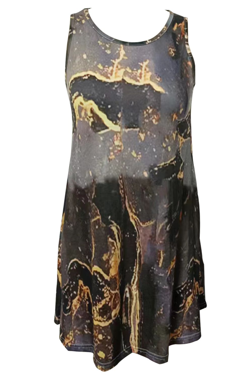 Sleeveless round-neck dress with shiny abstract print, gold splashes on dark, front