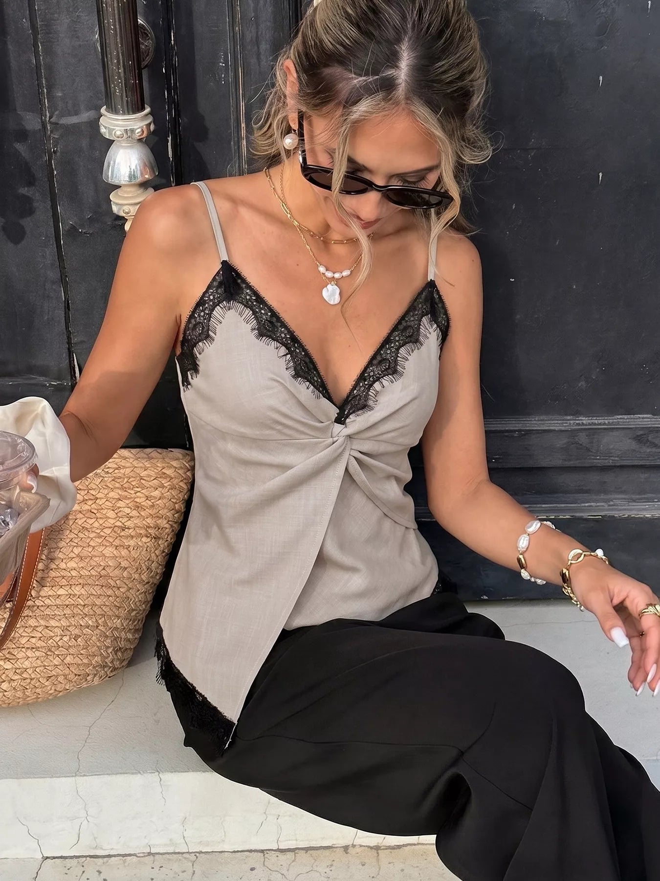 Cedar & Moore Lace Trim Twist Front Cami in taupe with black lace trim, spaghetti straps