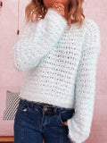 White crochet round-neck dropped-shoulder sweater with long sleeves, textured knit