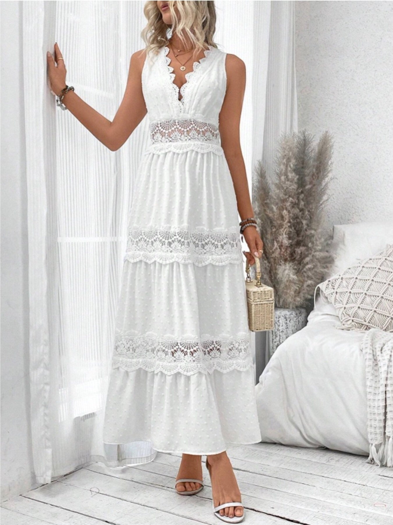 Cedar & Moore Lace Tied Swiss Dot Sleeveless Maxi Dress Plus Size in White