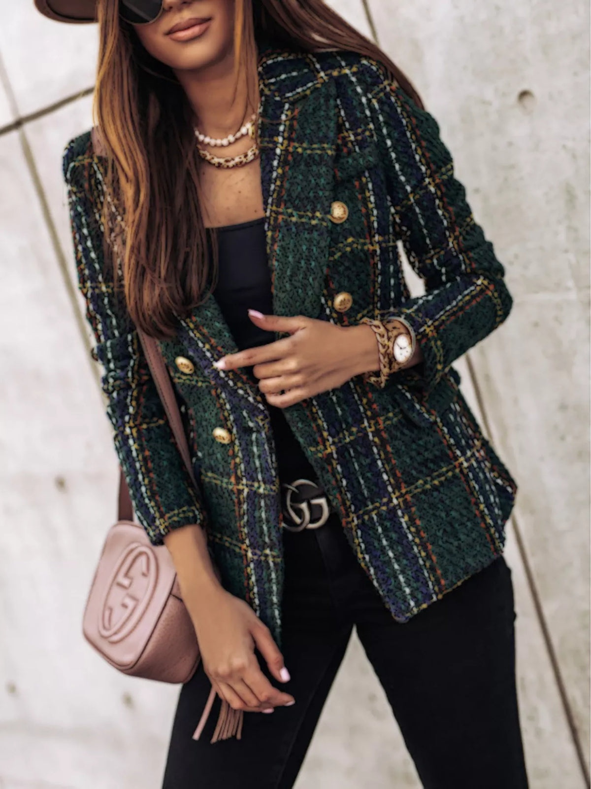 Dark green plaid tweed double-breasted blazer jacket with gold-tone buttons