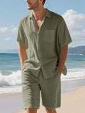 Men's army green short-sleeve button-up shirt and matching shorts set, front view