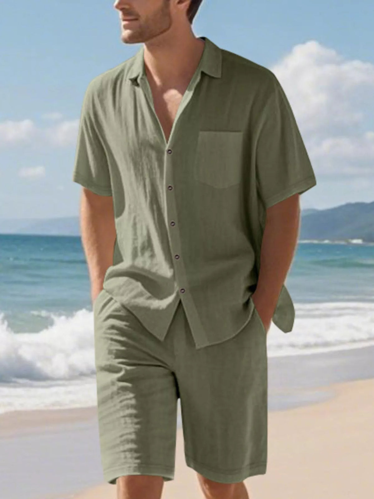 Men's army green short-sleeve button-up shirt and matching shorts set, front view