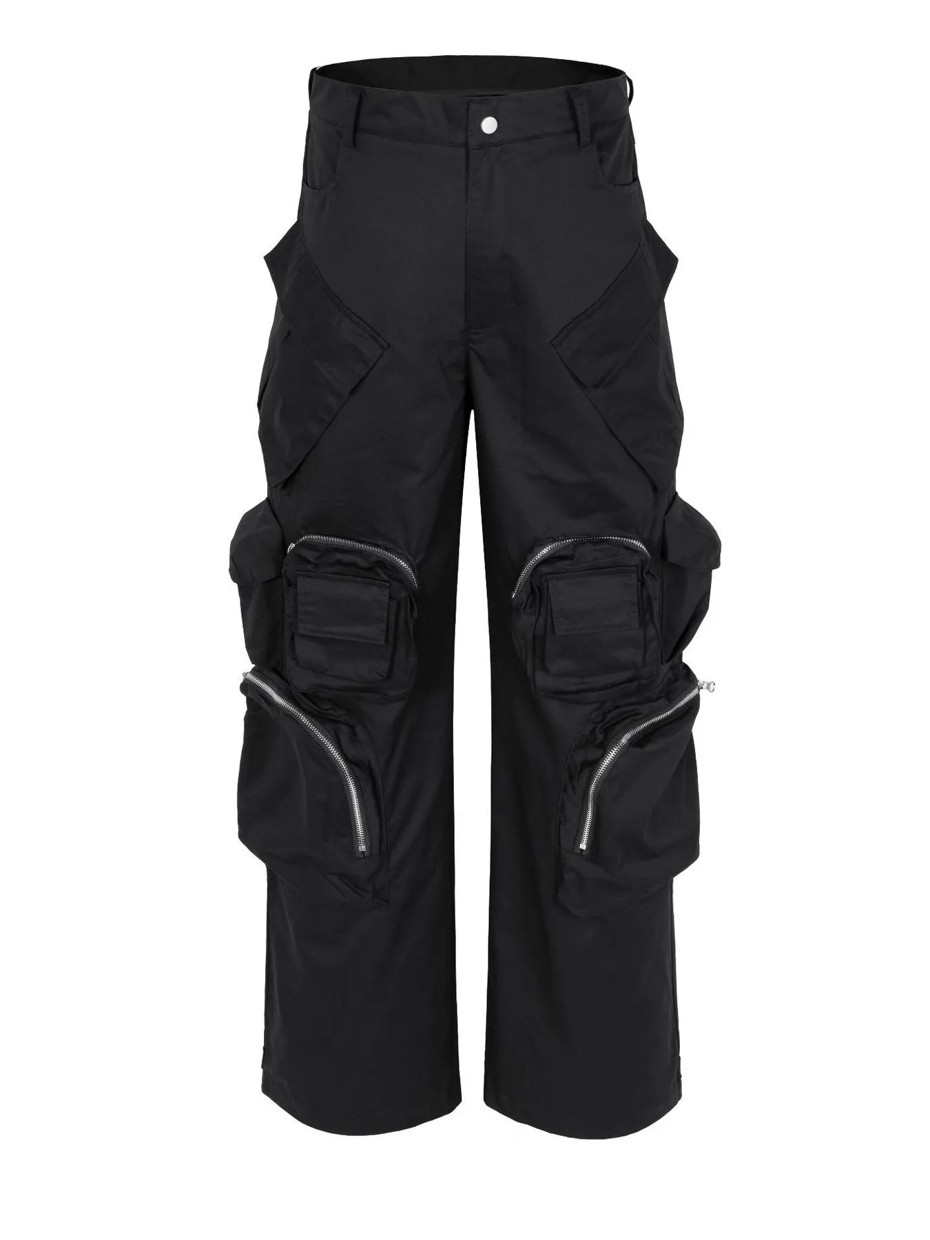 Black cargo pants with multiple utility pockets and flap cargo details, front view.