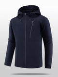 Lightweight hooded zip-front jacket in black, drawstring hood, zip closure, side pockets