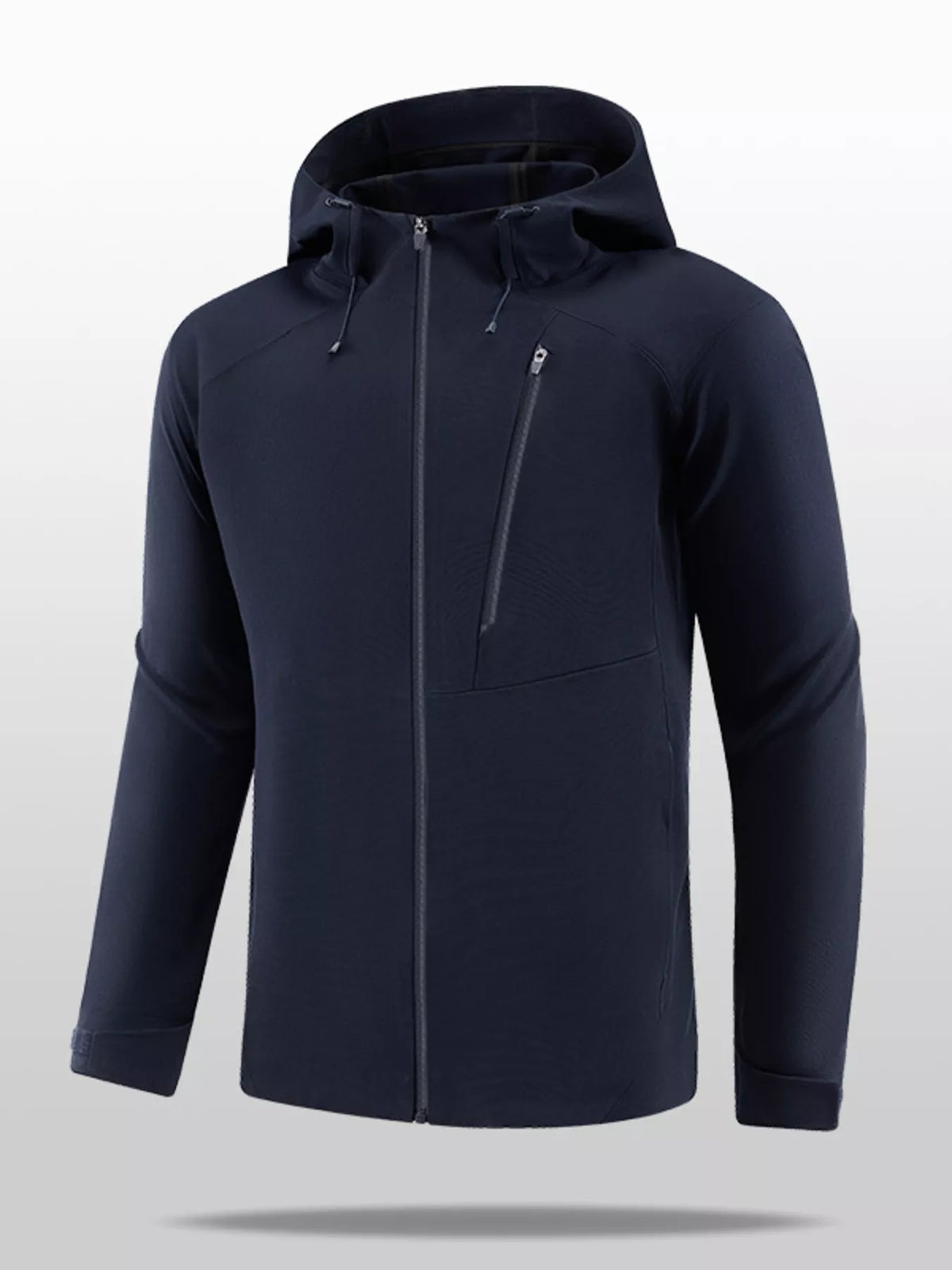 Lightweight hooded zip-front jacket in black, drawstring hood, zip closure, side pockets