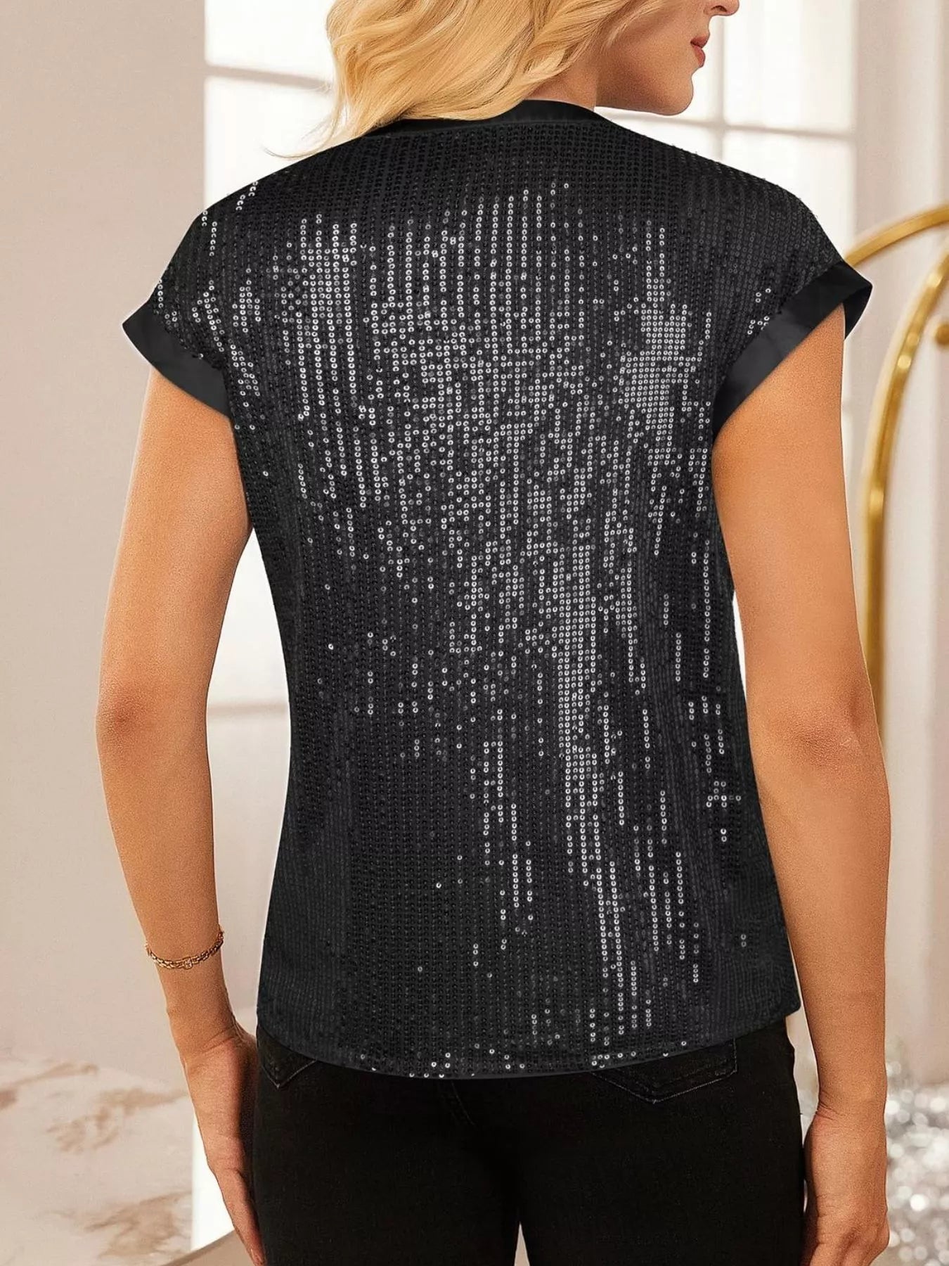 Sequin Notched Cap Sleeve Blouse, black with silver sequins