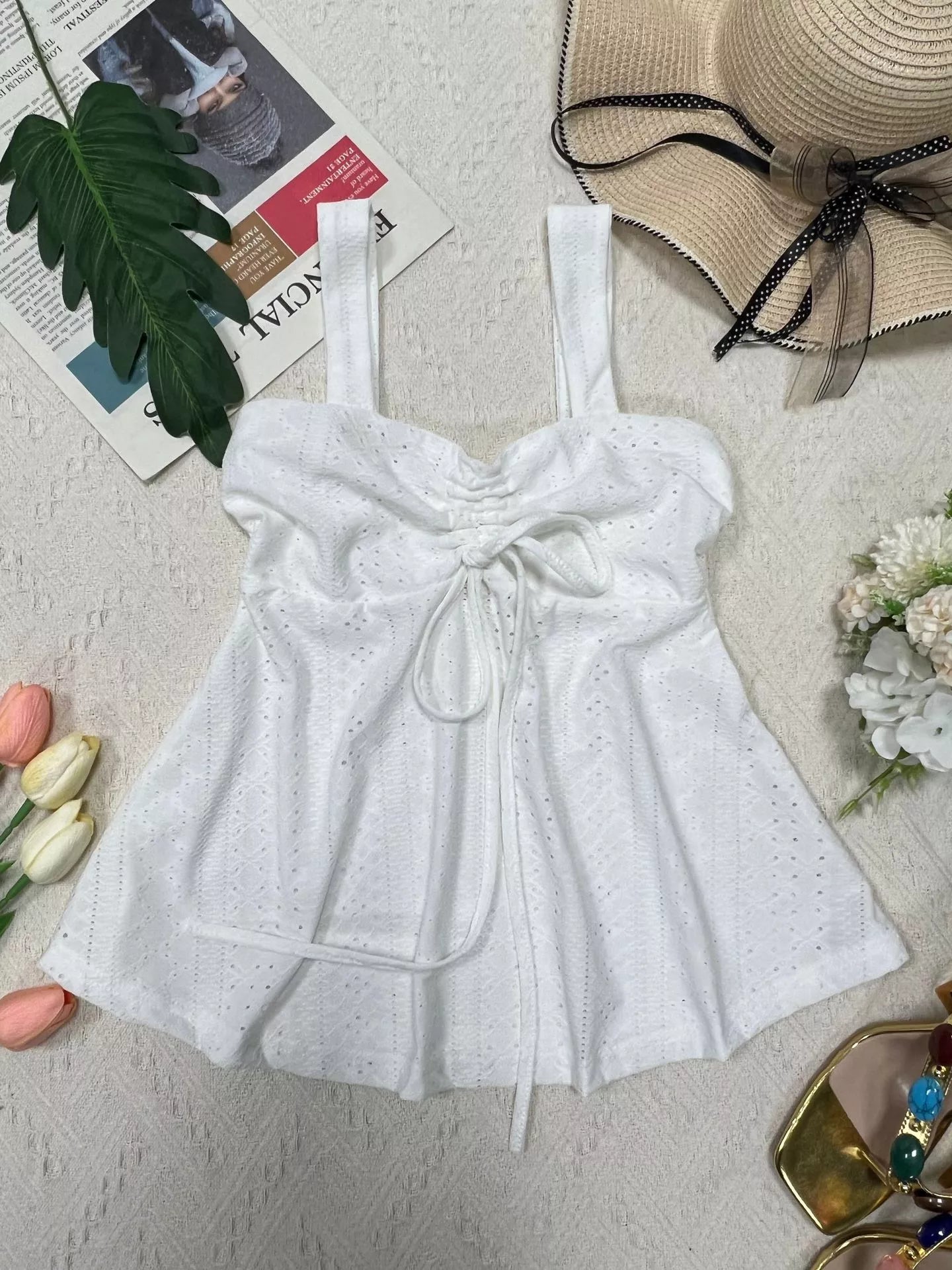 Cedar & Moore Eyelet Embroidered Drawstring Cami Top, white, adjustable straps