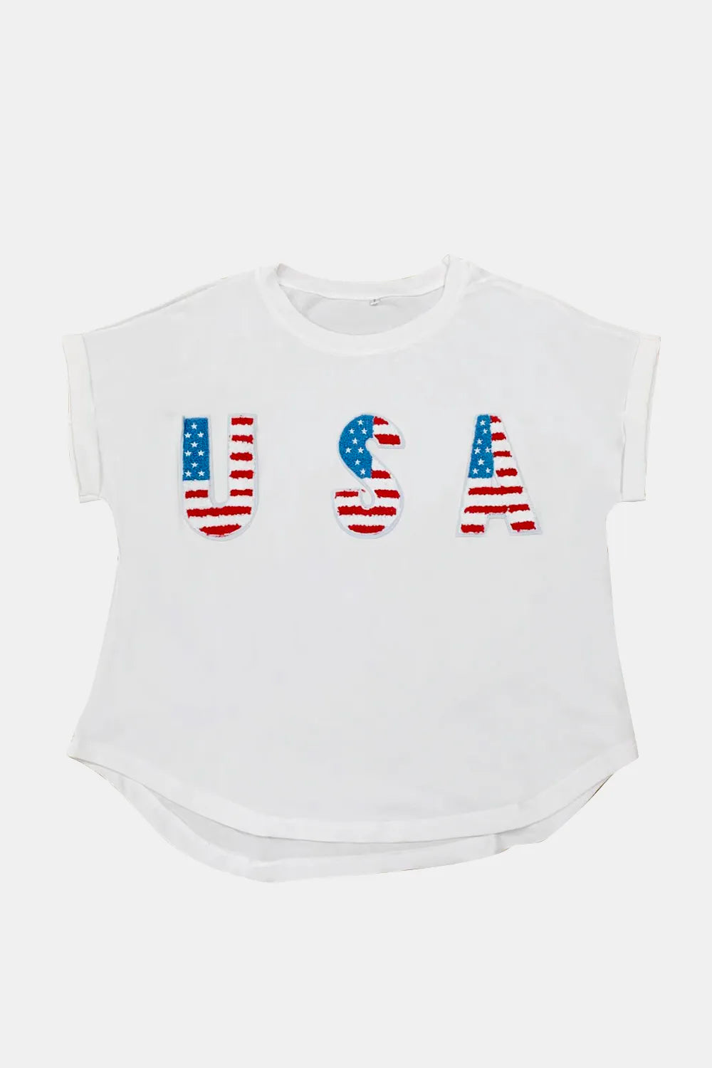 White round neck short sleeve T-shirt with three USA flag letter patches