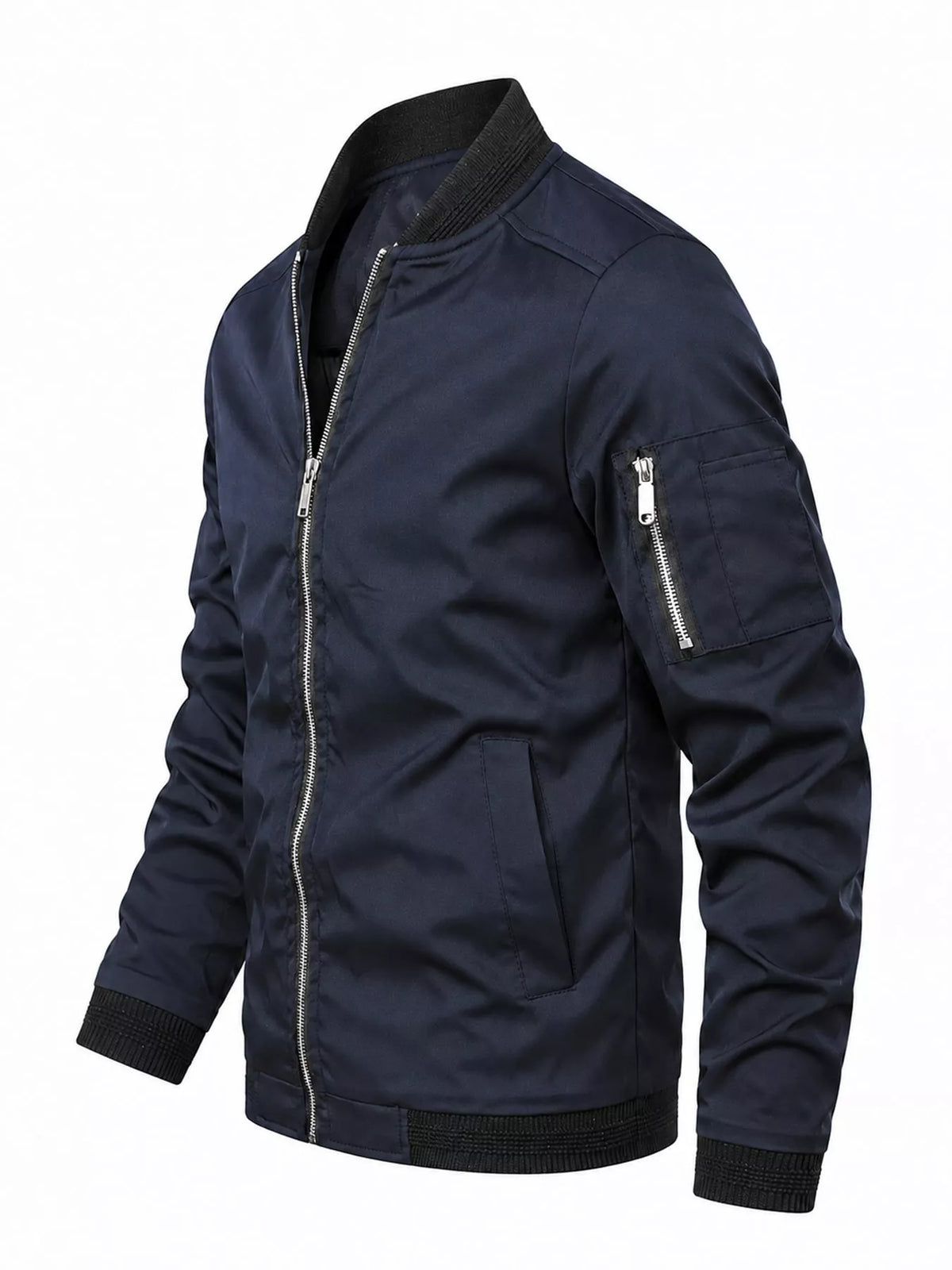 Men's lightweight navy bomber jacket with zip chest pocket, ribbed cuffs and hem