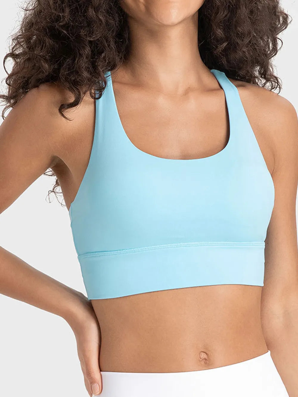 Light blue scoop-neck active tank top with racerback design