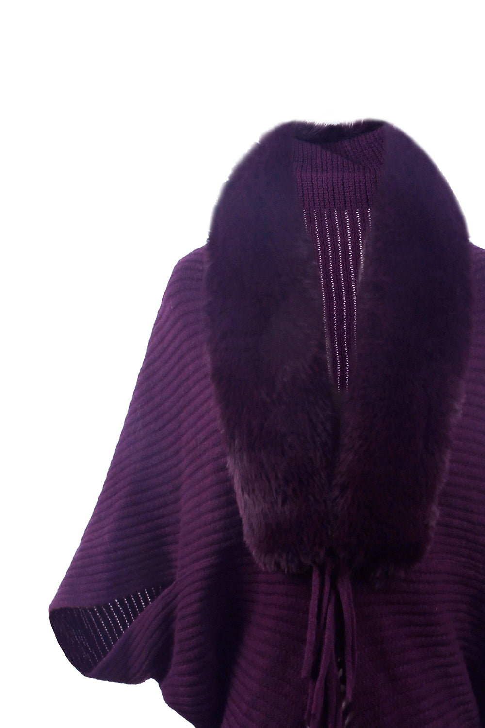 Long-sleeve ribbed poncho with fringe trim, violet, hood and zipper detail
