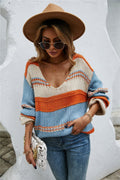 Color-block scoop neck sweater, light blue and cream with orange stripes