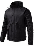 Men's black hooded waterproof tactical jacket with front button placket