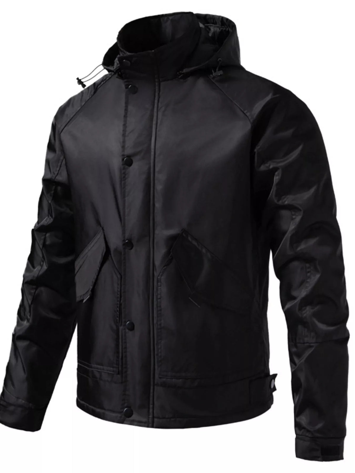 Men's black hooded waterproof tactical jacket with front button placket