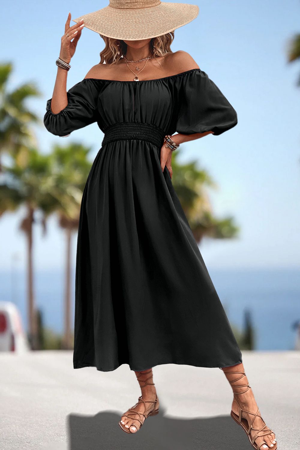 Black square-neck smocked waist midi dress with puff sleeves and gathered bodice