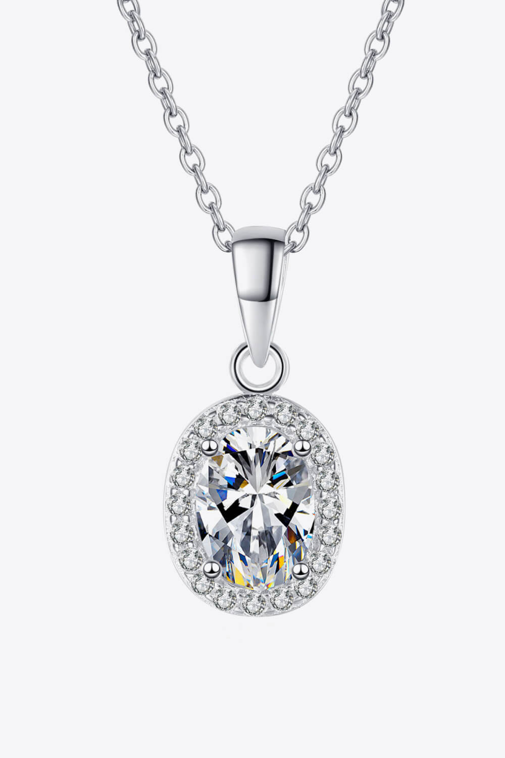 Silver moissanite pendant necklace with oval center stone and halo border