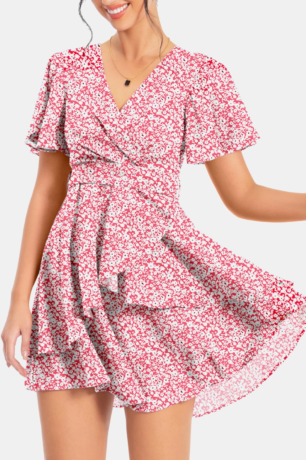 Pink and red floral surplice neck flutter sleeve dress with tiered ruffle skirt