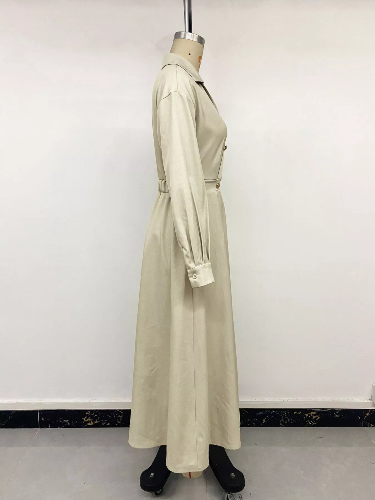 Khaki long shirt dress with ruched waist and pleated skirt, side view