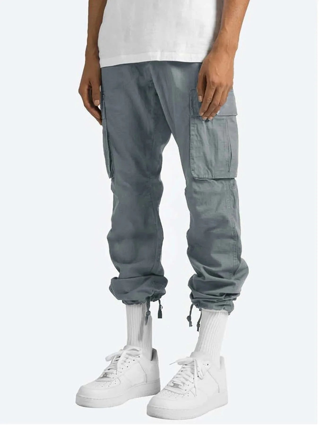 Men's blue-gray drawstring cargo pants with side cargo pockets and cuffed ankles.