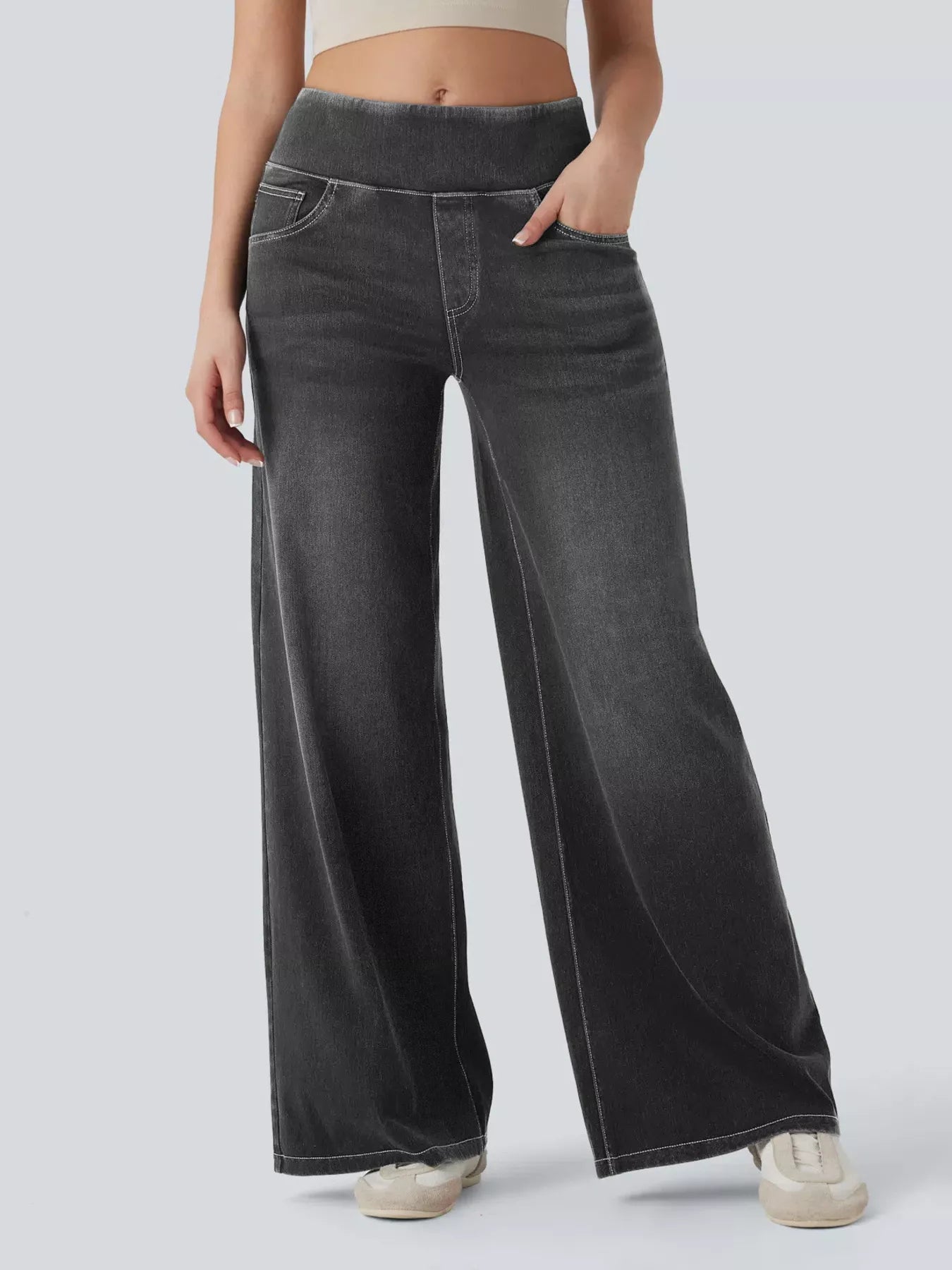 High-waisted wide-leg jeans, dark grey, front pockets and wide flared legs