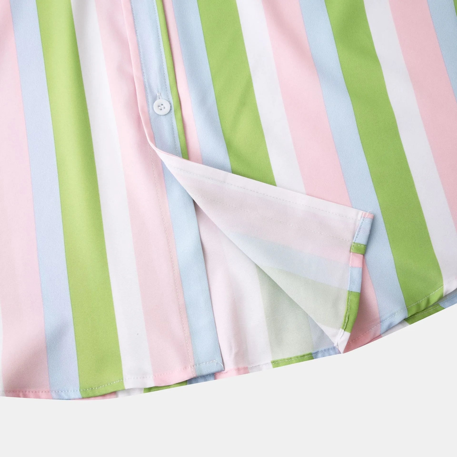 Striped button-up shirt placket detail with buttons, pastel green and pink vertical stripes