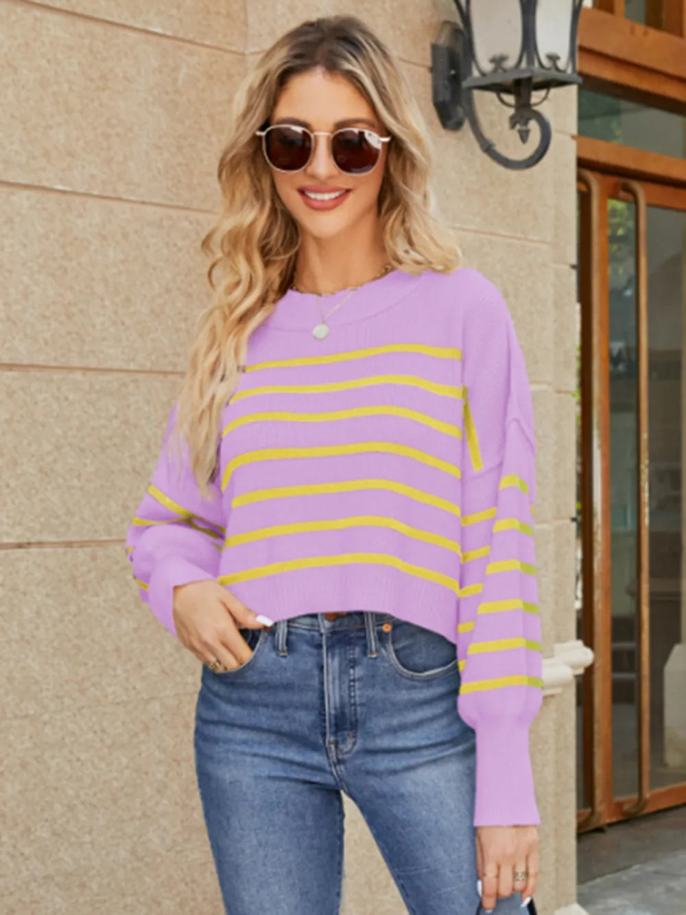 Lavender round-neck sweater with yellow striped bands and lantern sleeves