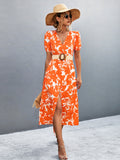Orange-red V-neck short sleeve midi dress with high slit and white floral print