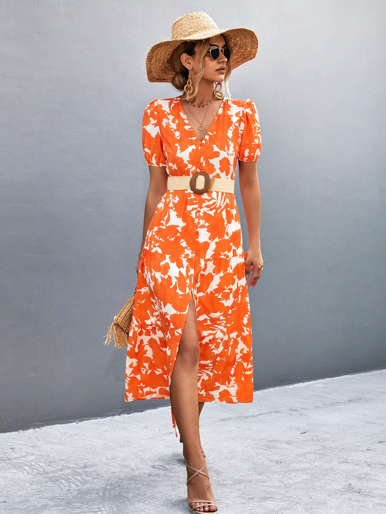 Orange-red V-neck short sleeve midi dress with high slit and white floral print