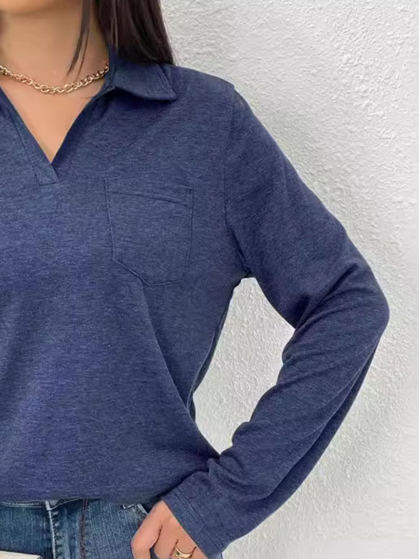 Cedar & Moore Collared Neck Long Sleeve T-Shirt in navy blue with front pocket, Trendsi