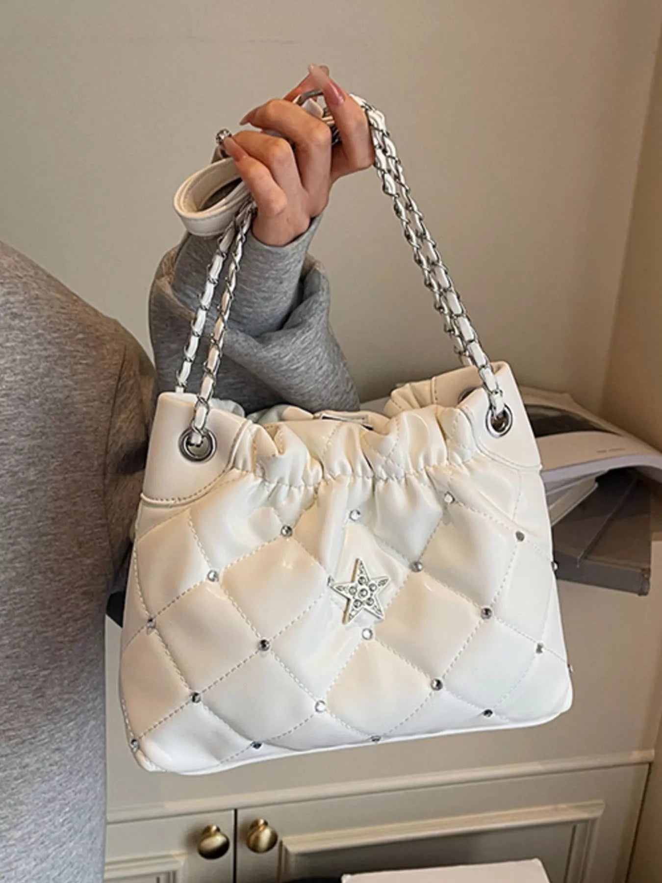 Quilted rhinestone star decor shoulder bag by Trendsi, small PU white bag with chain straps