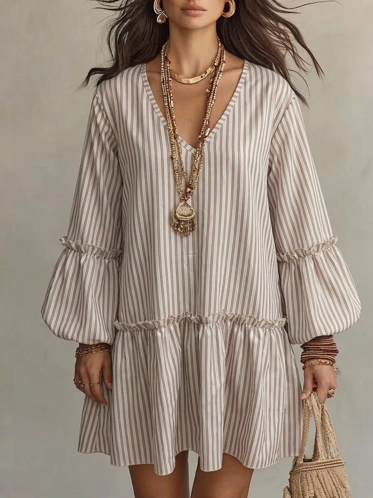 Light purple striped mini dress with balloon sleeves and gathered tiered skirt