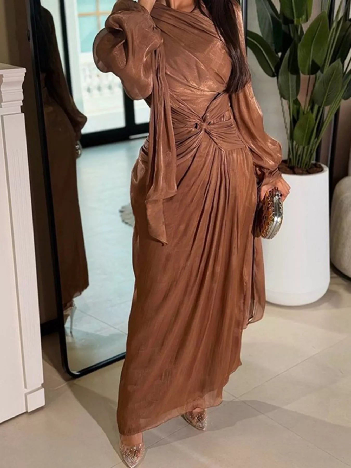 Cedar & Moore Front Twisted Draped Long Sleeve Maxi Dress in bronze satin with ruched waist by Trendsi