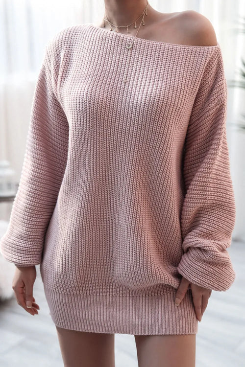 Blush pink knit mini sweater dress with boat neck and long sleeves