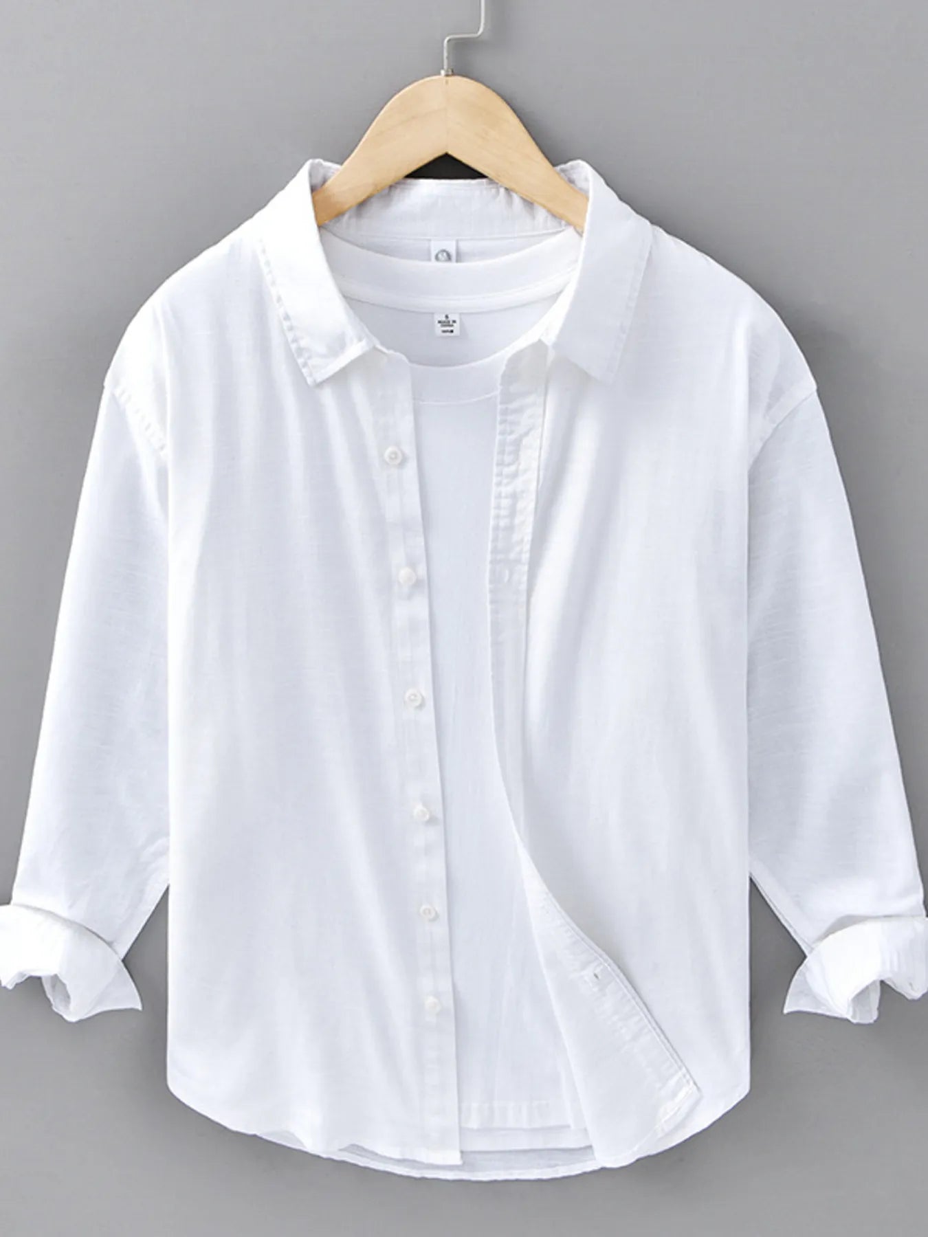 Men's plus size button-up long sleeve shirt, white, front view