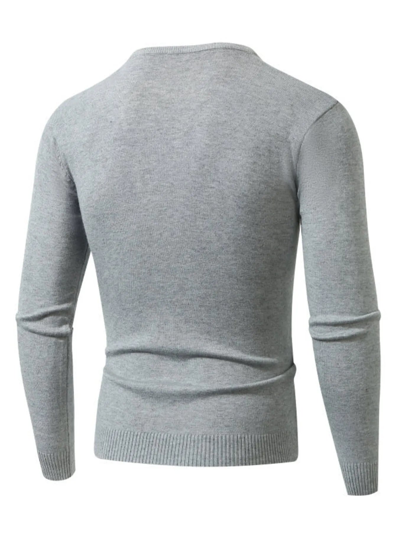 Men's long-sleeve ribbed-hem sweater, back view, gray heather knit