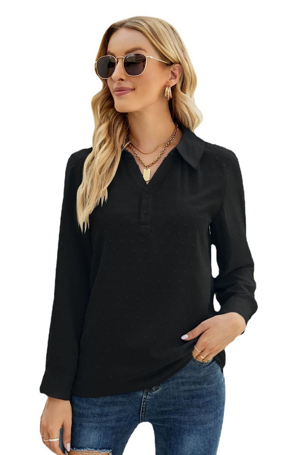 Swiss dot johnny collar blouse, black front with V-neck button placket