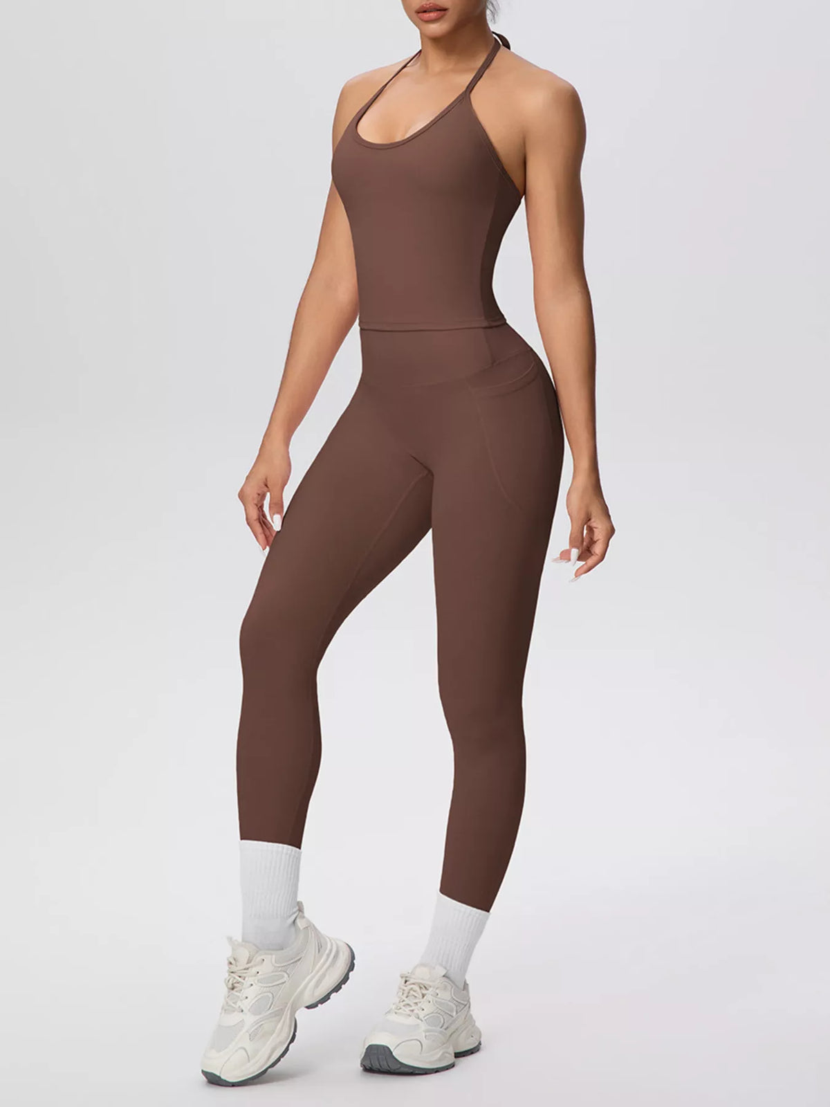 Halter top and legging set, brown with contrast ankle bands