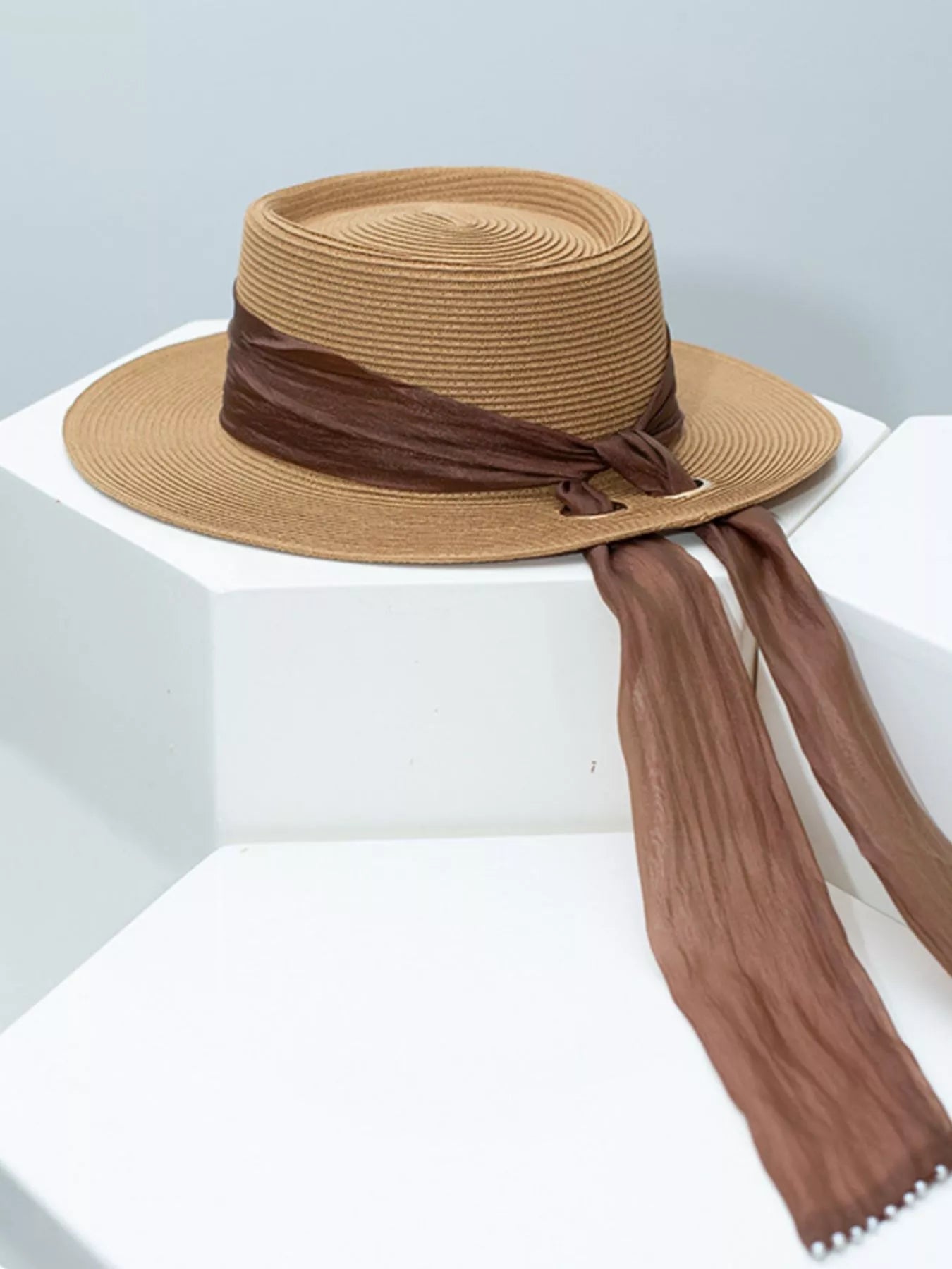 Cedar & Moore Ribbon Accent Straw Sun Hat by Trendsi, natural straw with brown ribbon, 1 piece