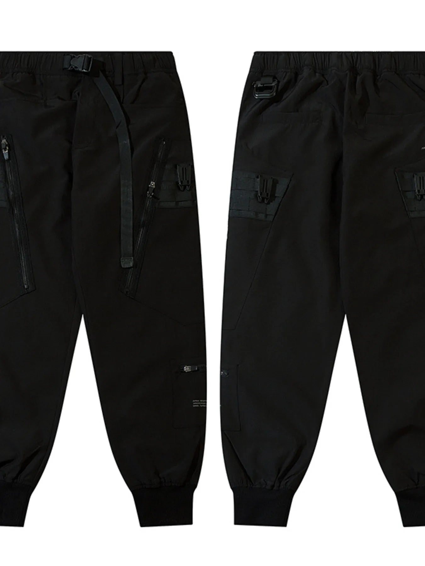 Black cargo joggers side view with zip pocket and adjustable strap detail