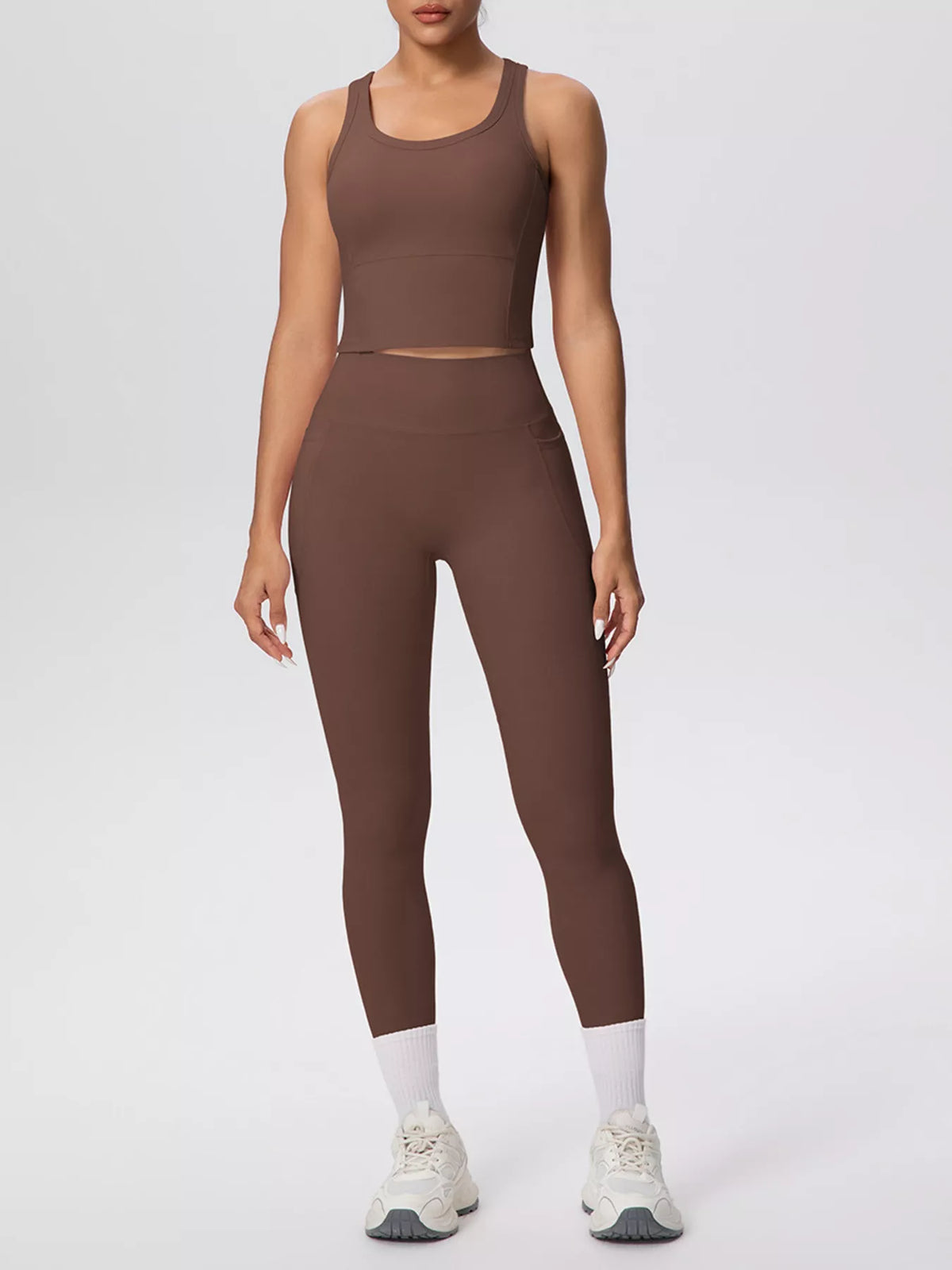 Brown scoop-neck tank and high-waist leggings set, front full-body view
