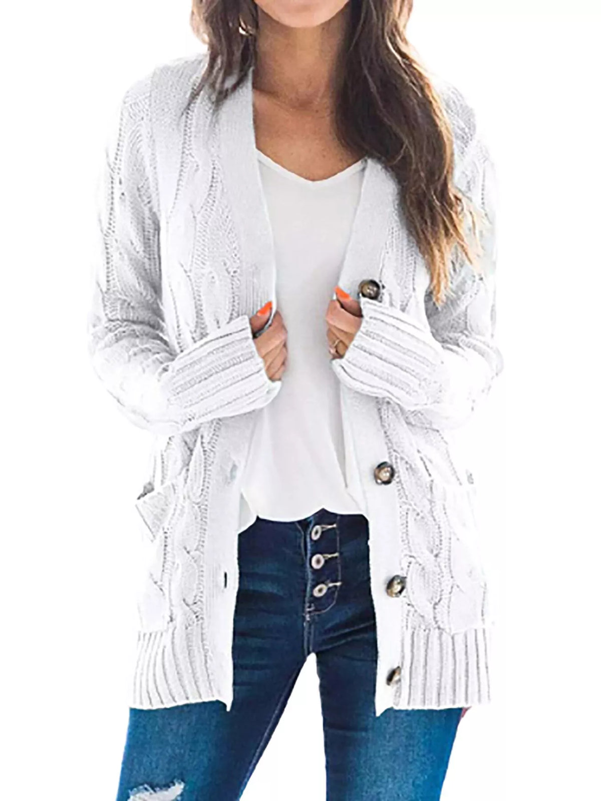 White chunky cable-knit cardigan with button front and textured knit detail