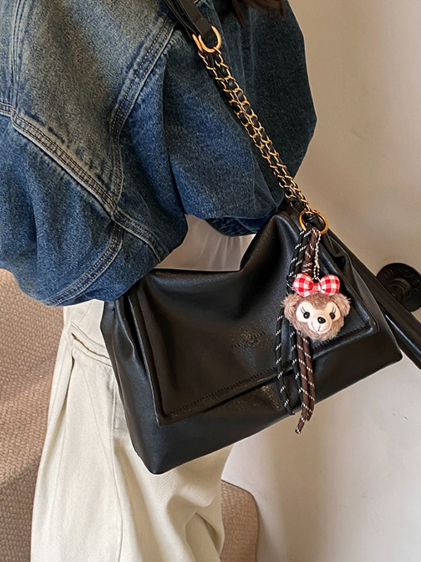 Flap Chain Shoulder Bag, black PU, medium, gold-tone chain strap with teddy bear charm