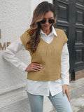 Cable-knit V-neck sweater vest, khaki yellow, sleeveless textured knit with rib hem.