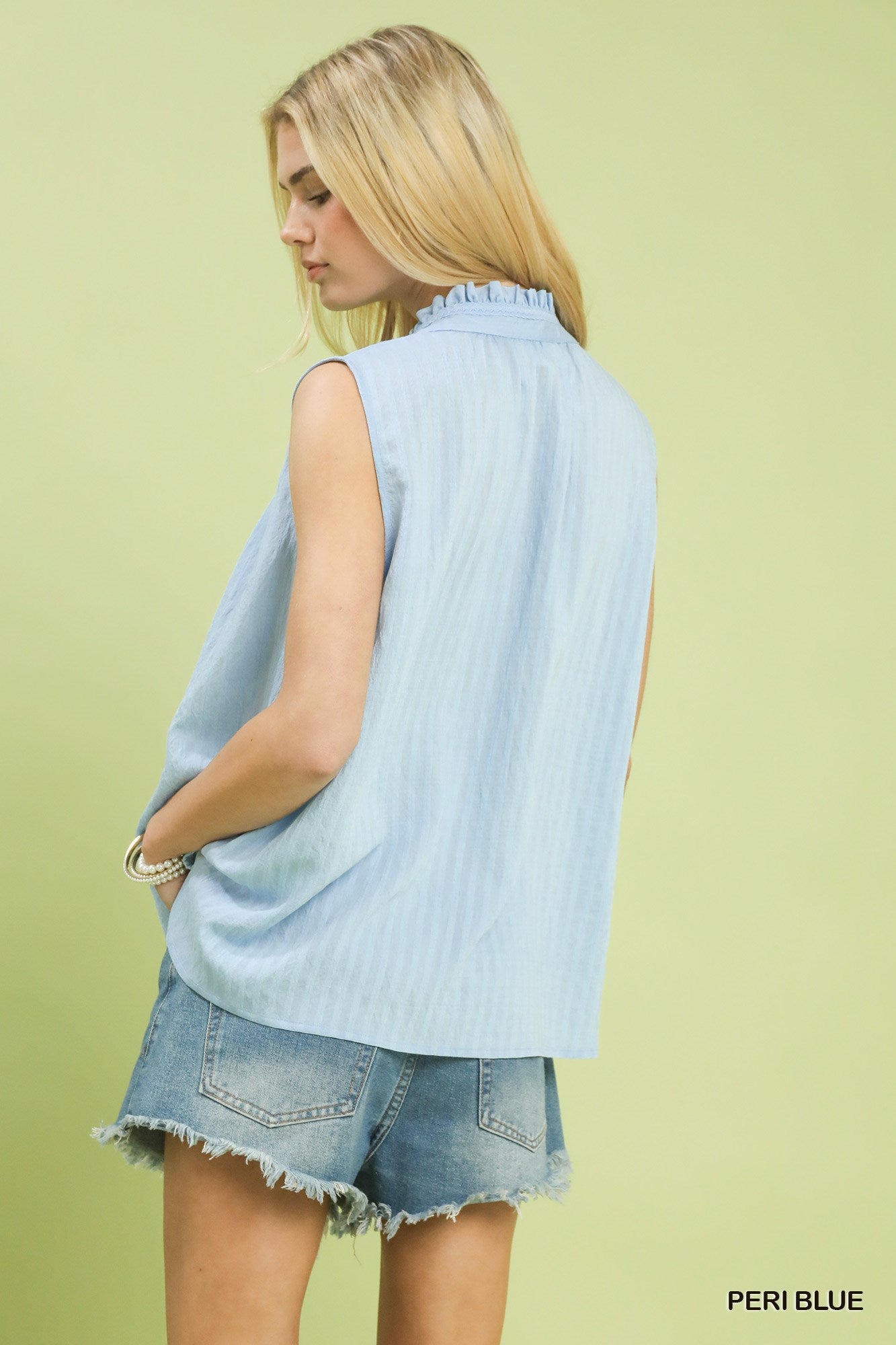 Cedar & Moore Umgee sleeveless textured gauze top with split neck in peri blue.