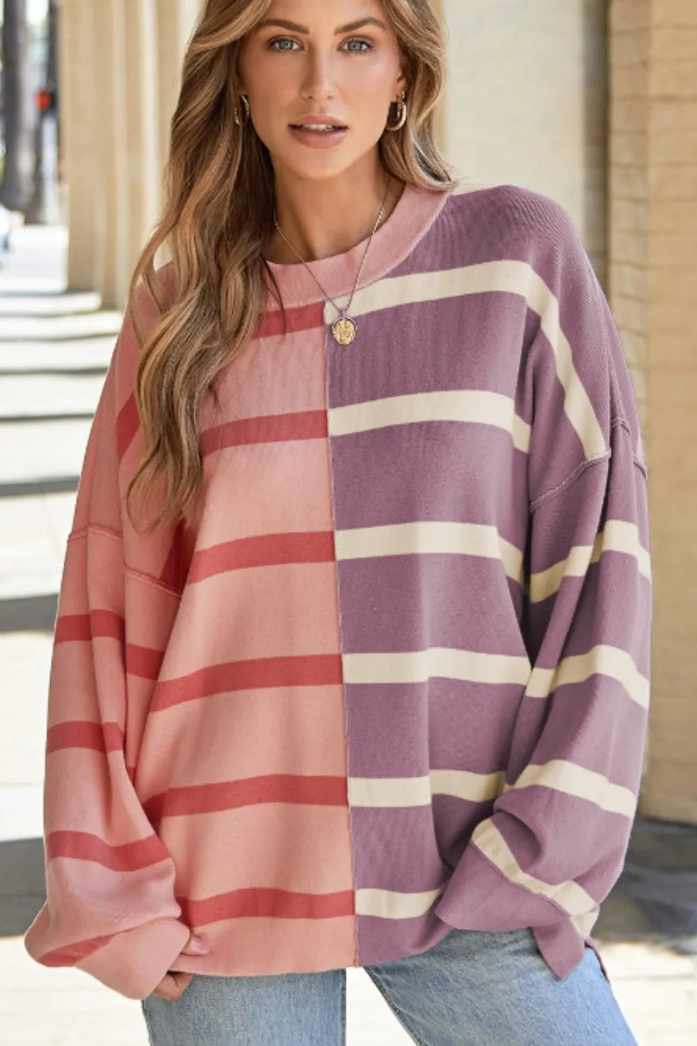 Dusty pink and mauve contrast striped long-sleeve sweatshirt with wide stripes