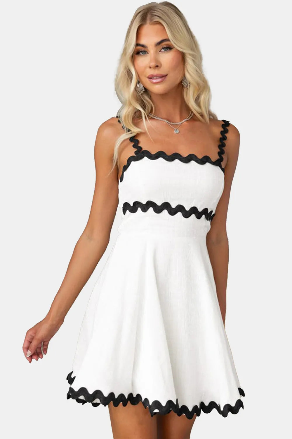 Contrast Trim Square Neck Mini Dress, white with black wavy trim on the neckline, straps, and hem