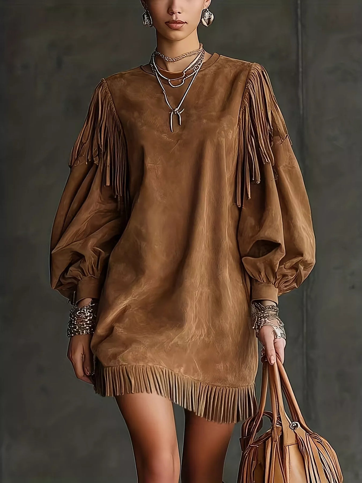 Brown suede-look mini dress with fringe lantern sleeves and tassel hem