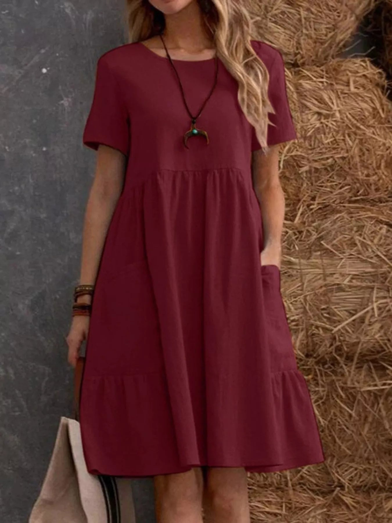 Cedar & Moore Dress, burgundy full-size casual loose-fit tiered ruffle hem, plus size, short sleeves